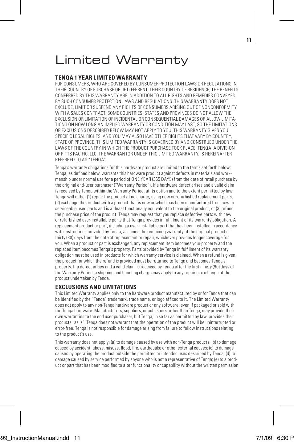 Limited warranty | Tenqa SP-99 User Manual | Page 13 / 16