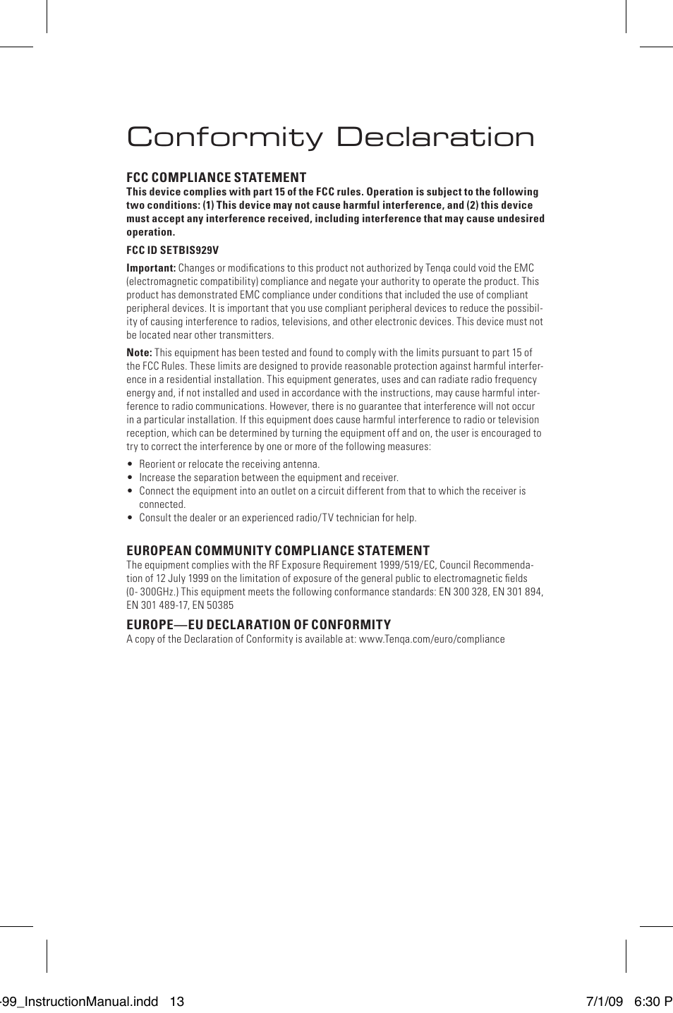 Conformity declaration | Tenqa SP-99 User Manual | Page 15 / 16