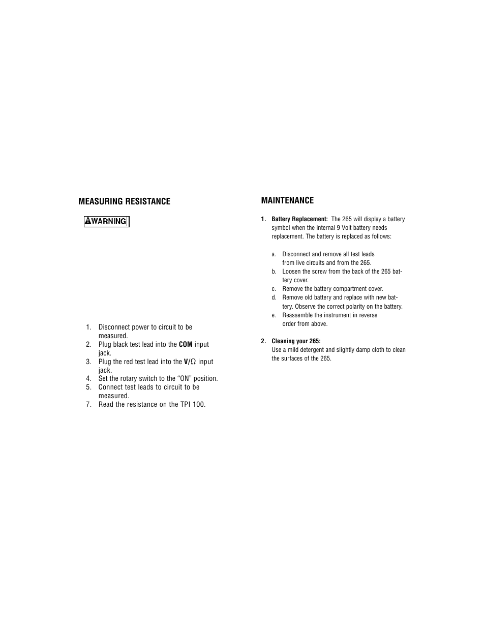 Maintenance, Measuring resistance | Test Products International 100 User Manual | Page 7 / 11