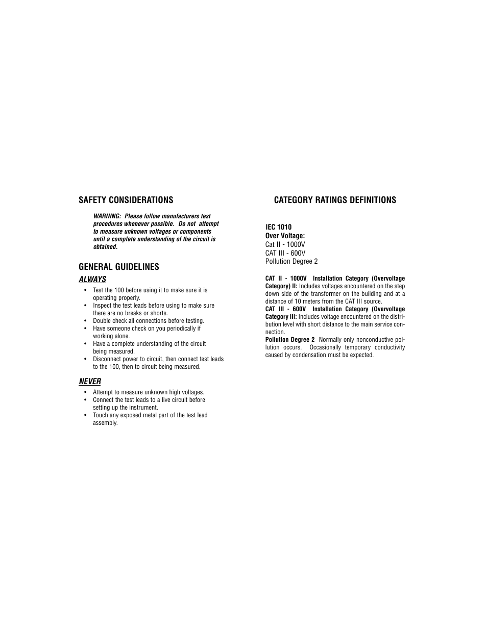 Category ratings definitions, Safety considerations, General guidelines | Test Products International 100 User Manual | Page 8 / 11