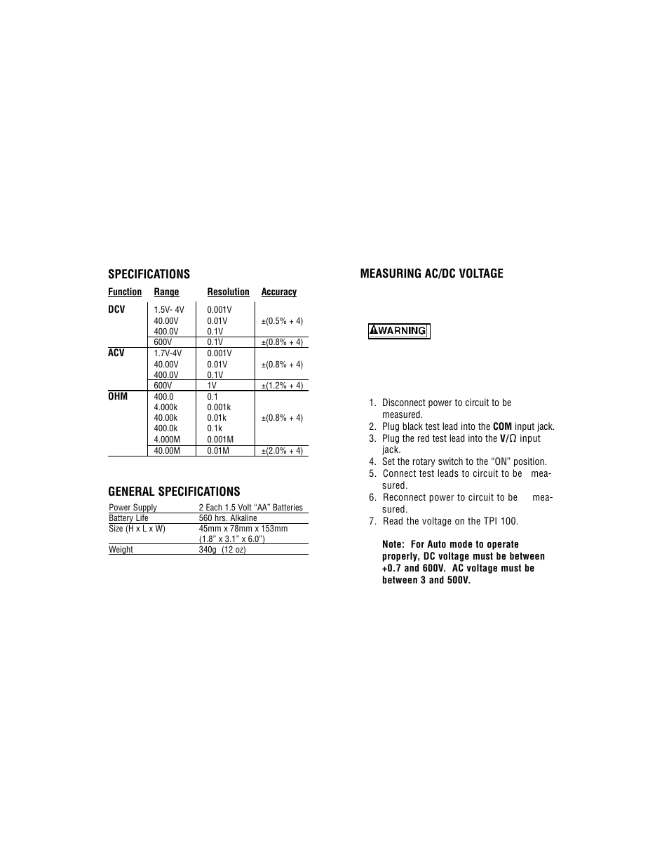 General specifications, Measuring ac/dc voltage, Specifications | Test Products International 100 User Manual | Page 9 / 11