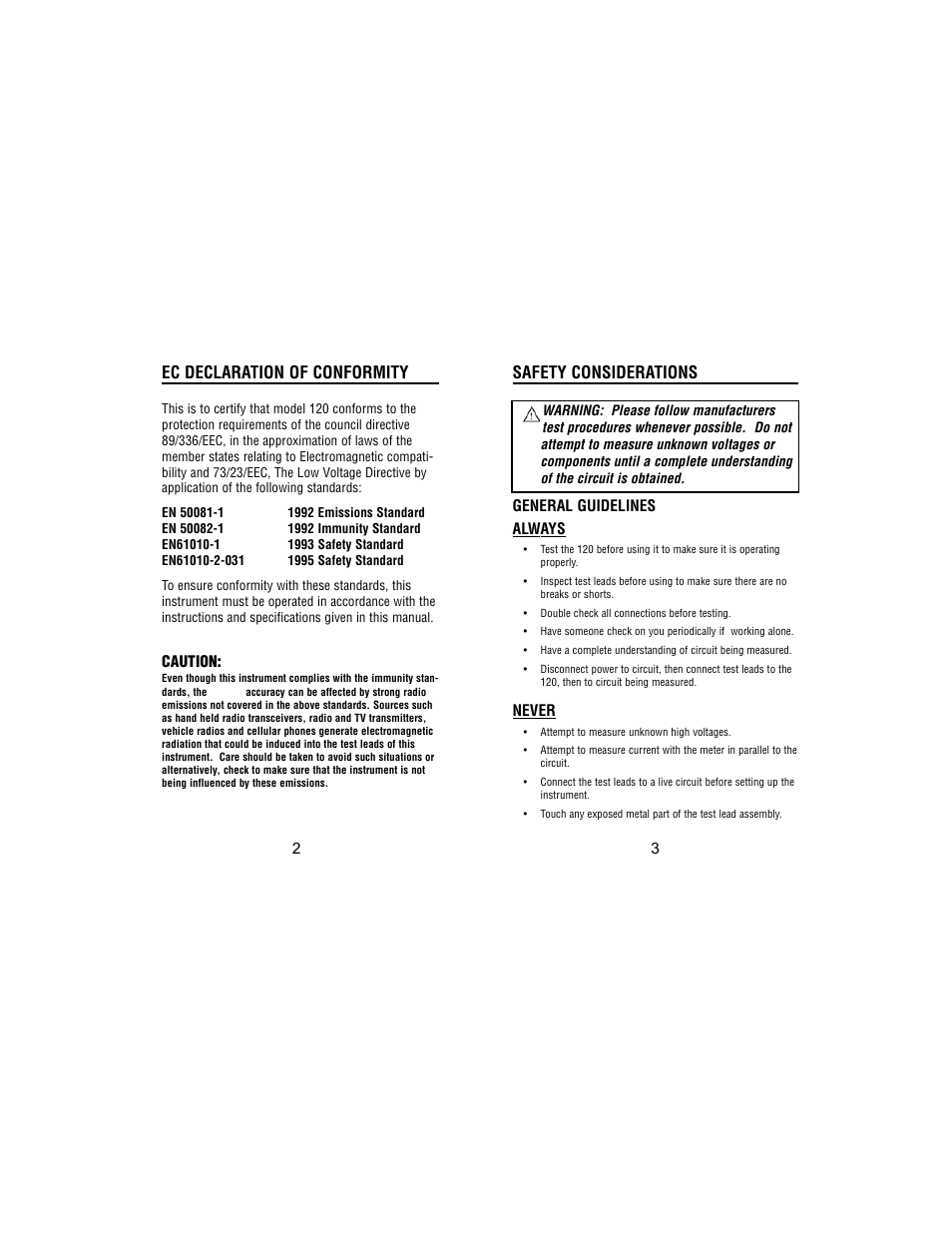 Ec declaration of conformity, Safety considerations | Test Products International 120 User Manual | Page 3 / 12
