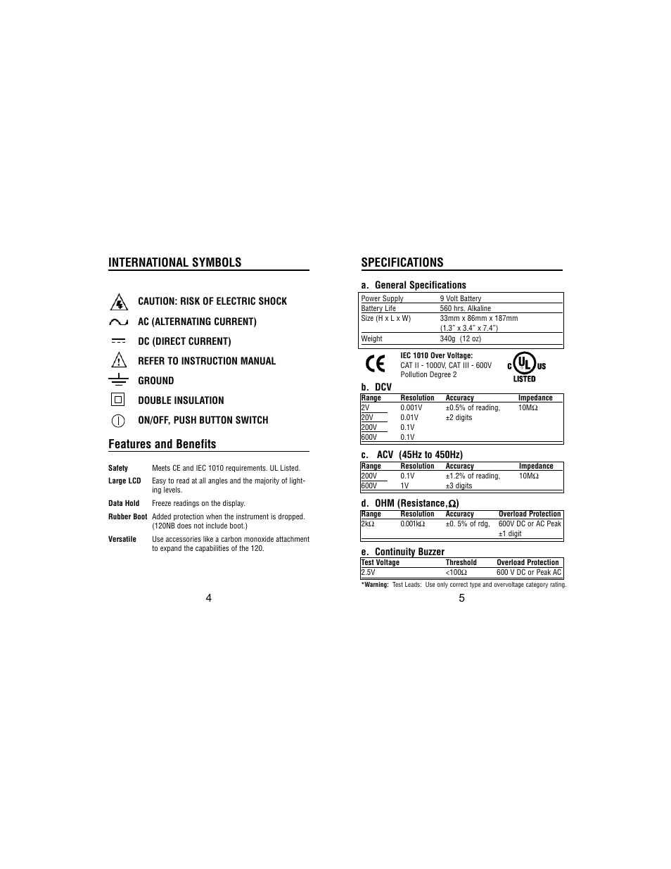 International symbols, Features and benefits, Specifications | Test Products International 120 User Manual | Page 5 / 12