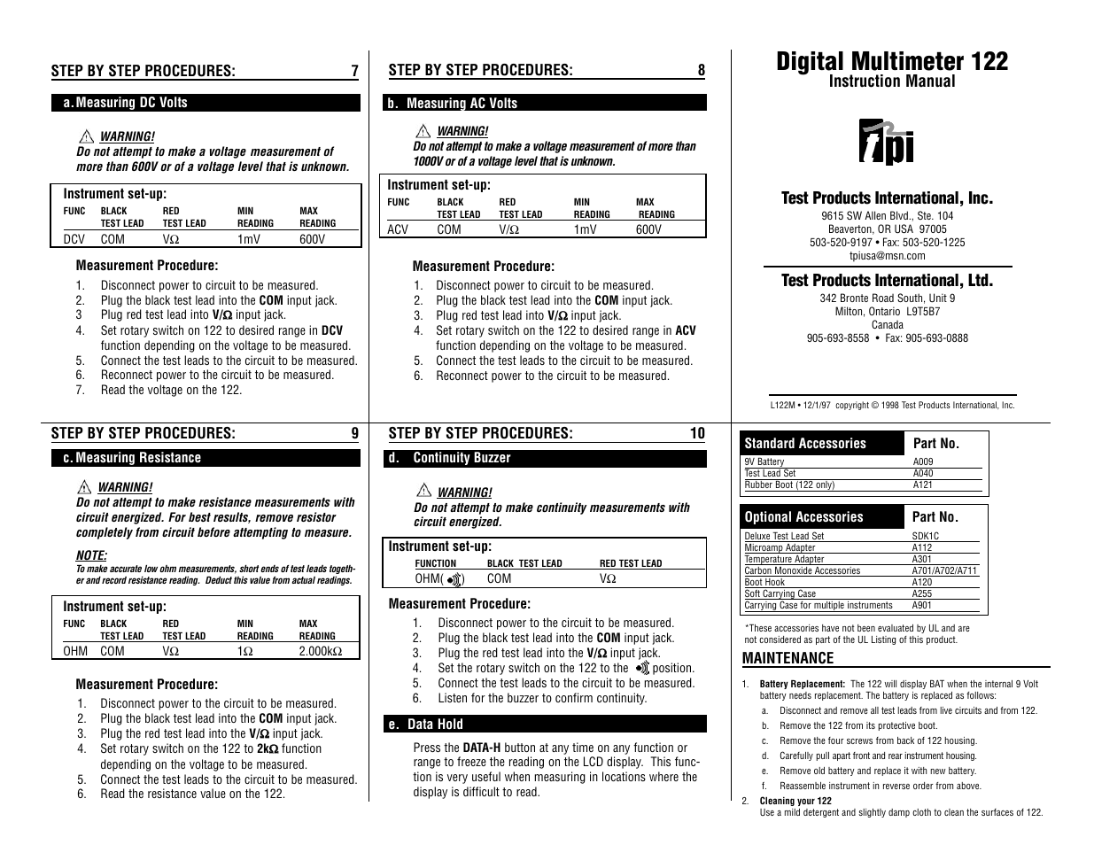 Digital multimeter 122, Test products international, ltd | Test Products International 122 User Manual | Page 10 / 12