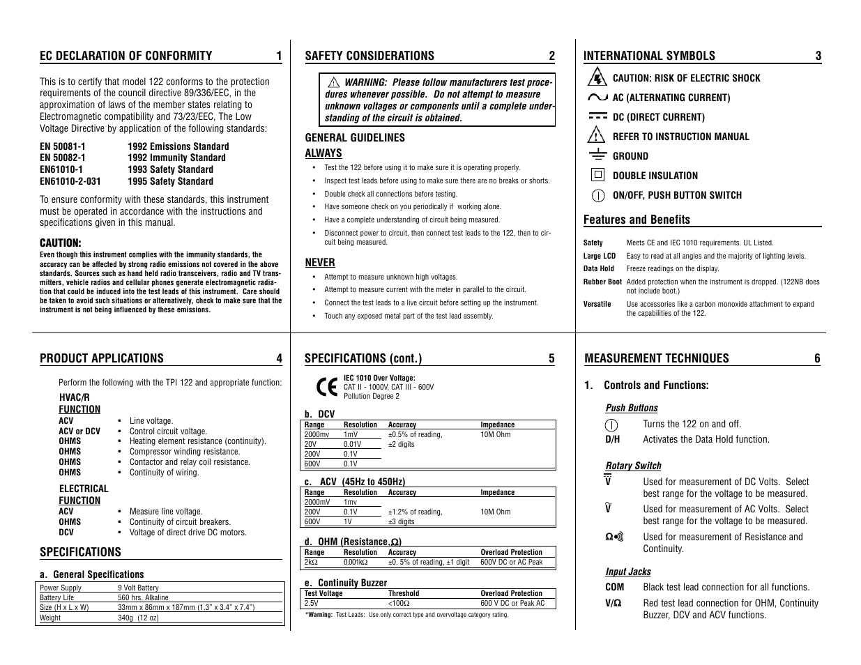 Ec declaration of conformity 1, Safety considerations 2, International symbols 3 | Features and benefits, Product applications 4, Specifications, Specifications (cont.) 5, Measurement techniques 6 | Test Products International 122 User Manual | Page 7 / 12