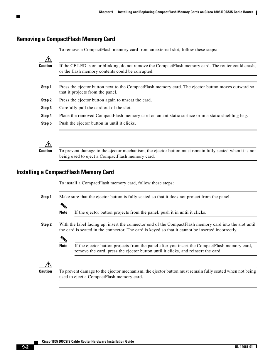 Removing a compactflash memory card, Installing a compactflash memory card | Cisco 1805 DOCSIS User Manual | Page 2 / 4