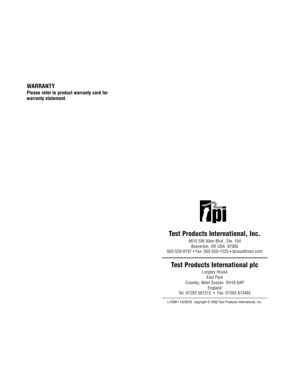 Test products international, inc, Test products international plc | Test Products International 153 User Manual | Page 27 / 28