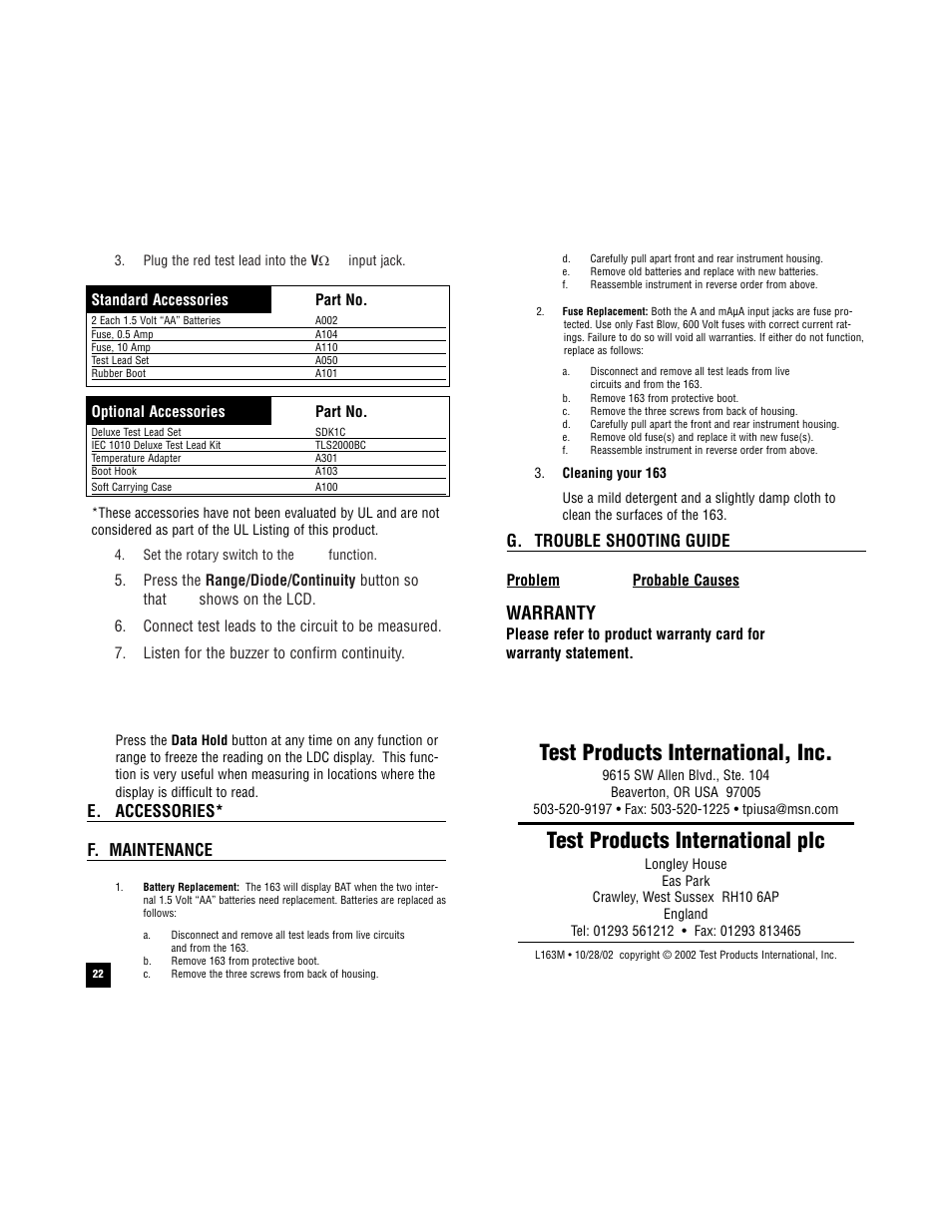 Test products international, inc, Test products international plc, Warranty | E. accessories* f. maintenance, G. trouble shooting guide | Test Products International 163 User Manual | Page 23 / 24