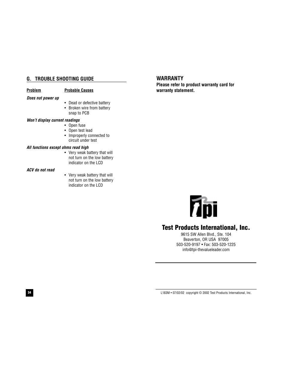 Test products international, inc, Warranty | Test Products International 183 User Manual | Page 35 / 37