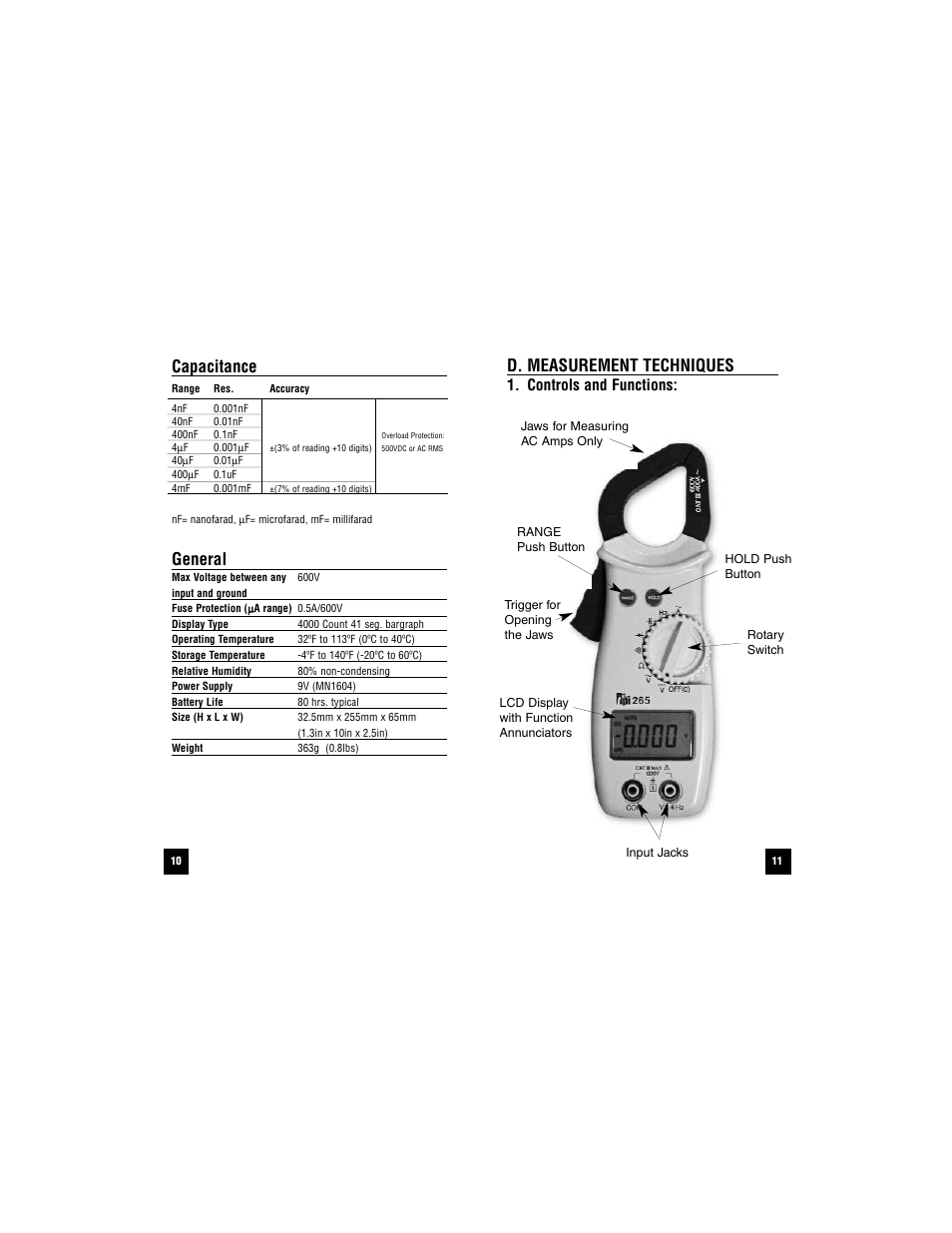 Capacitance, General, D. measurement techniques | Controls and functions | Test Products International 265 User Manual | Page 11 / 32