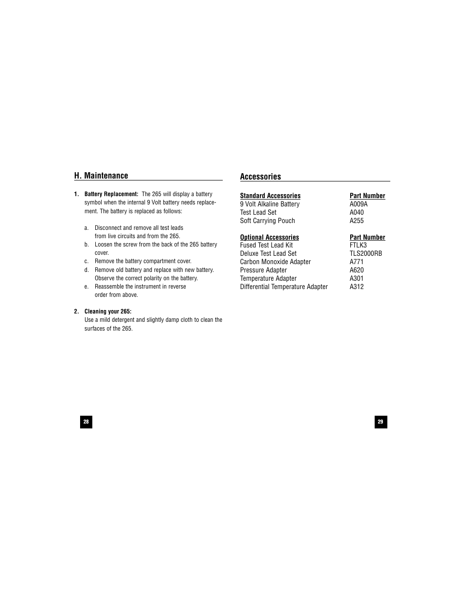 Accessories, H. maintenance | Test Products International 265 User Manual | Page 29 / 32