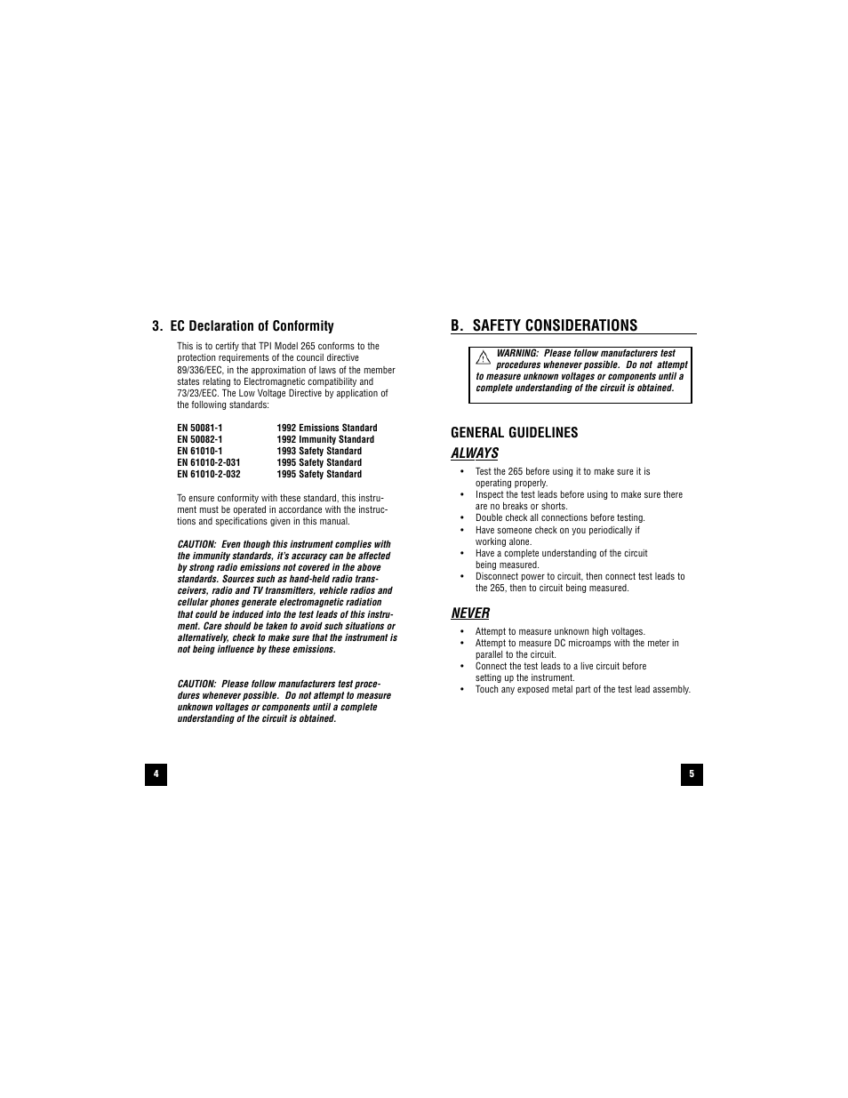 B. safety considerations, General guidelines always, Never | Ec declaration of conformity | Test Products International 265 User Manual | Page 4 / 32