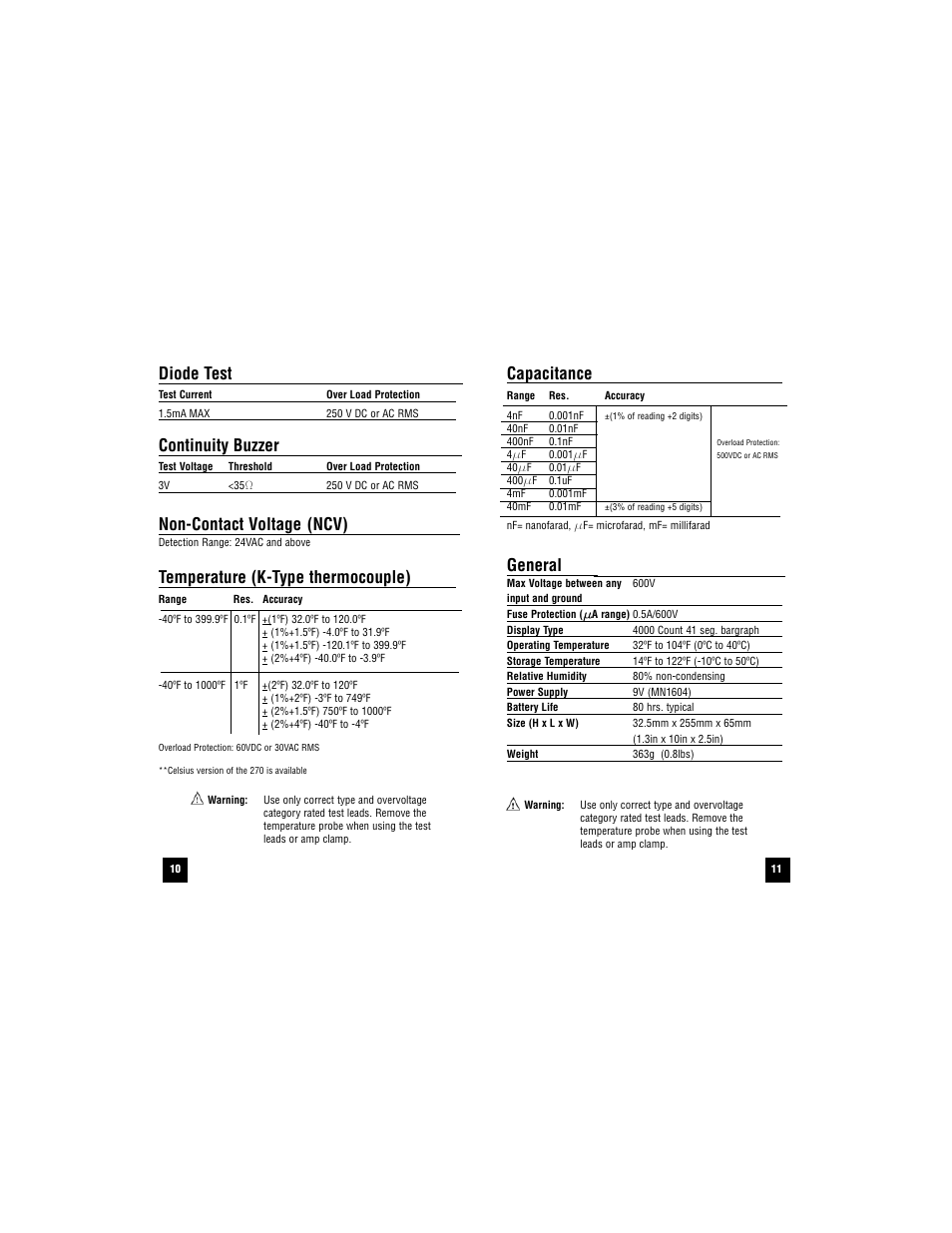 Diode test, Continuity buzzer, Non-contact voltage (ncv) | Temperature (k-type thermocouple), Capacitance, General | Test Products International 270 User Manual | Page 11 / 40