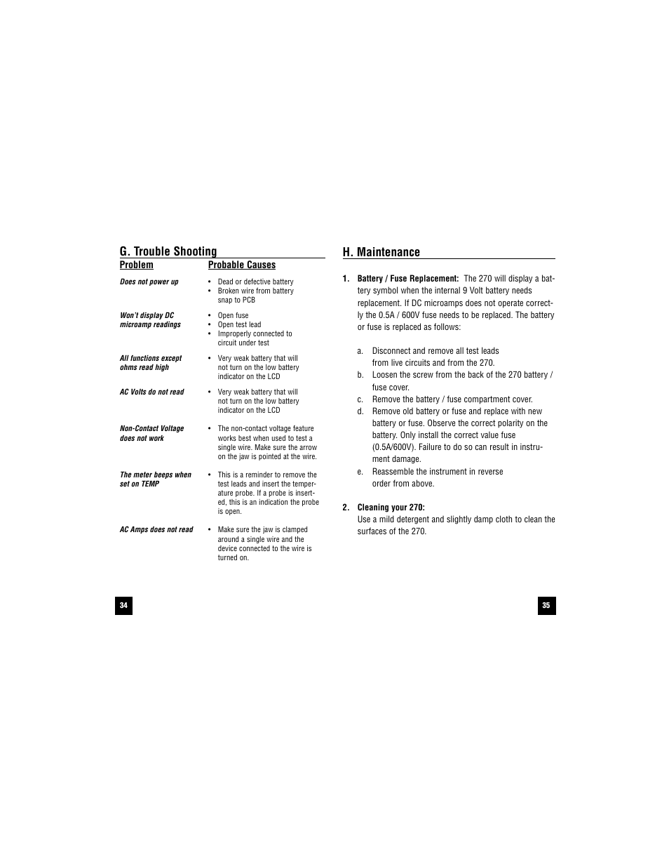 H. maintenance, G. trouble shooting | Test Products International 270 User Manual | Page 35 / 40