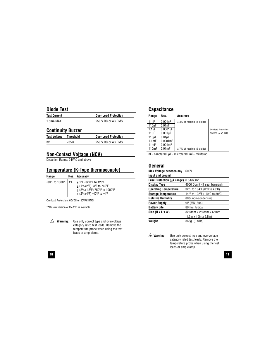 Diode test, Continuity buzzer, Non-contact voltage (ncv) | Temperature (k-type thermocouple), Capacitance, General | Test Products International 275 User Manual | Page 11 / 40