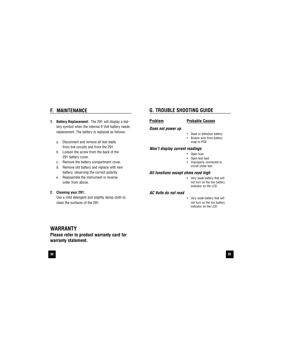 Warranty, F. maintenance, G. trouble shooting guide | Test Products International 291 User Manual | Page 23 / 24