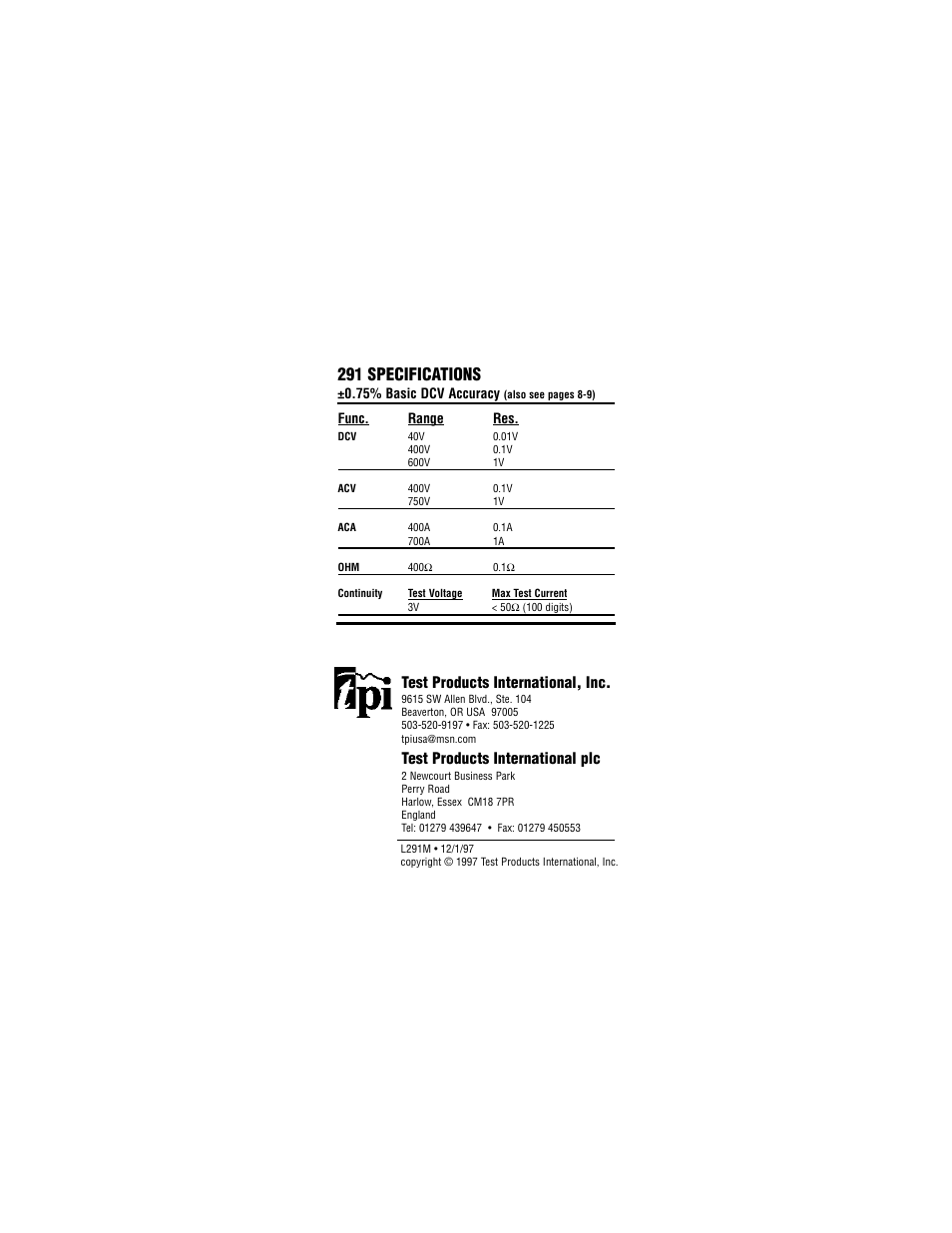 291 specifications, Test products international, inc, Test products international plc | Test Products International 291 User Manual | Page 24 / 24