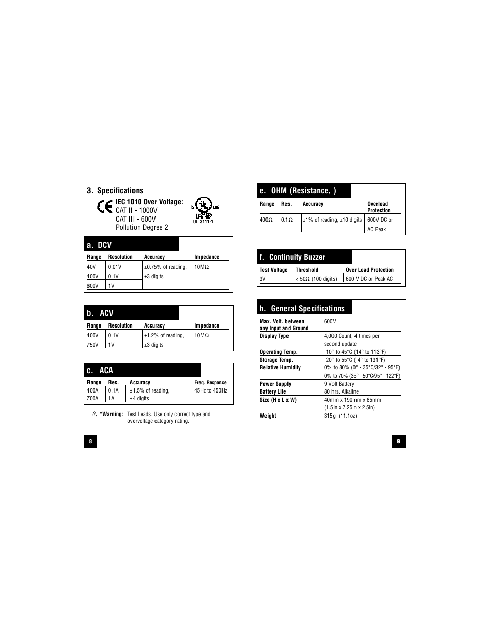 E. ohm (resistance, ), F. continuity buzzer, H. general specifications | Specifications, A. dcv, B. acv, C. aca | Test Products International 291 User Manual | Page 9 / 24