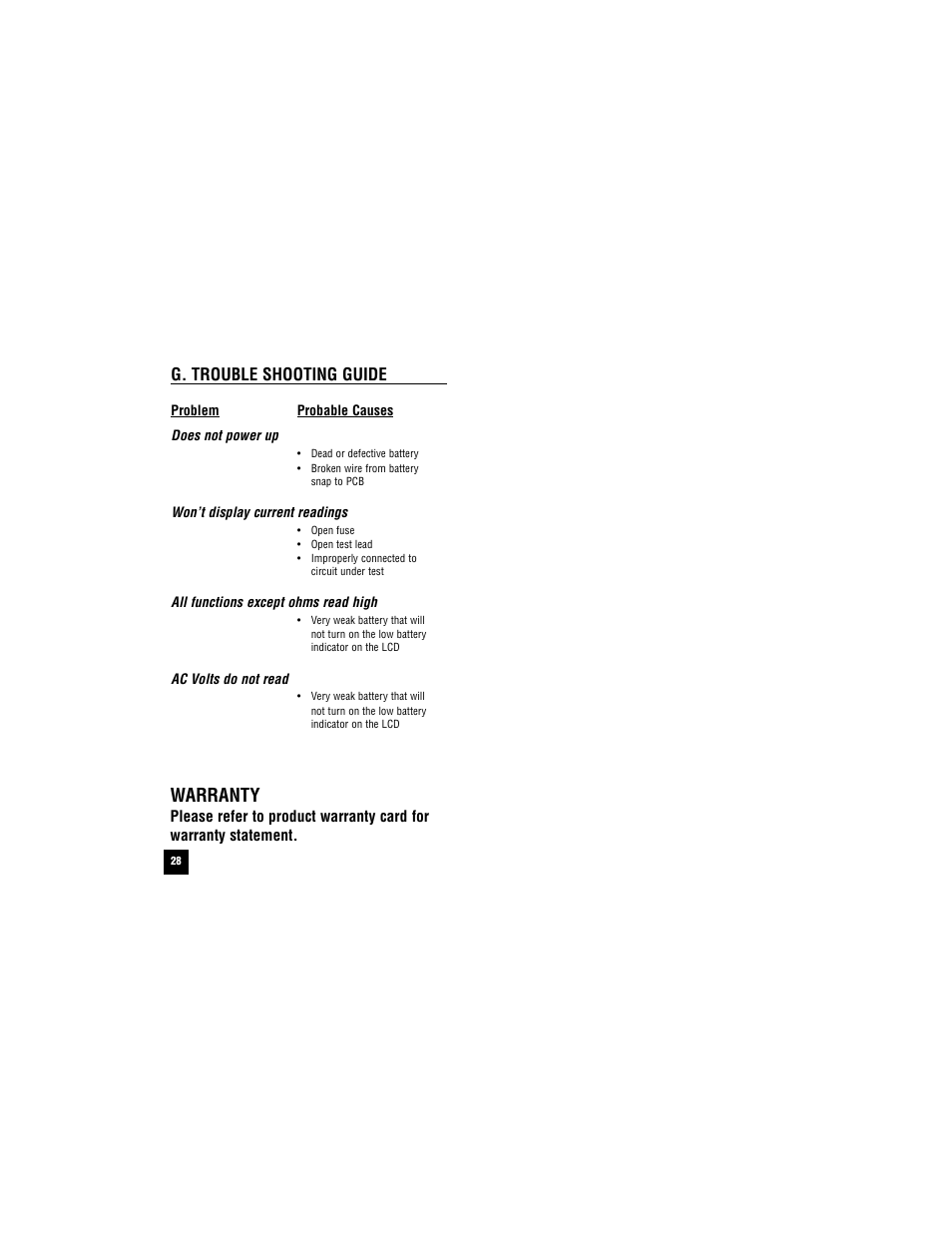 Warranty, G. trouble shooting guide | Test Products International 293 User Manual | Page 28 / 32