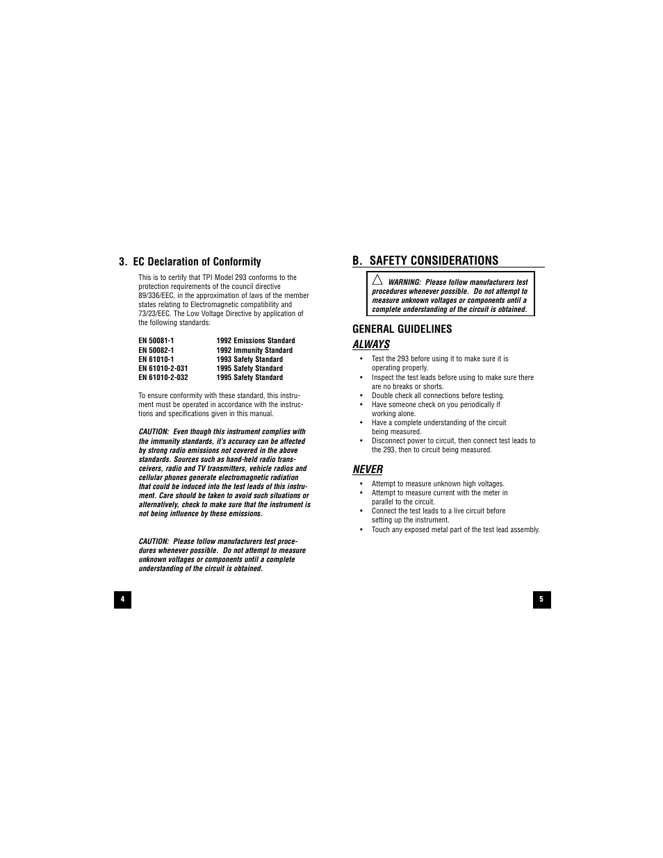 B. safety considerations, General guidelines always, Never | Ec declaration of conformity | Test Products International 293 User Manual | Page 4 / 32