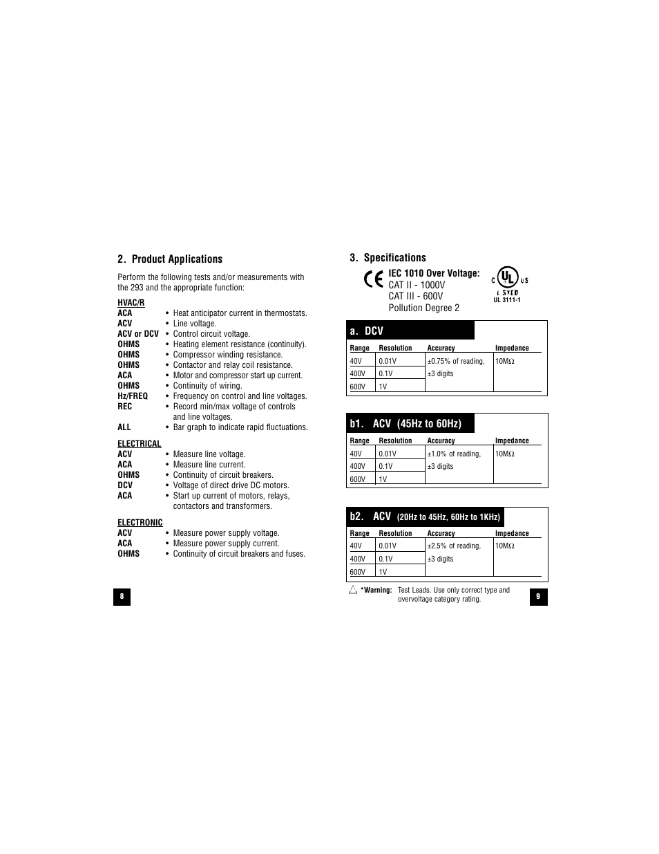 Specifications, A. dcv, B2. acv | Product applications | Test Products International 293 User Manual | Page 9 / 32