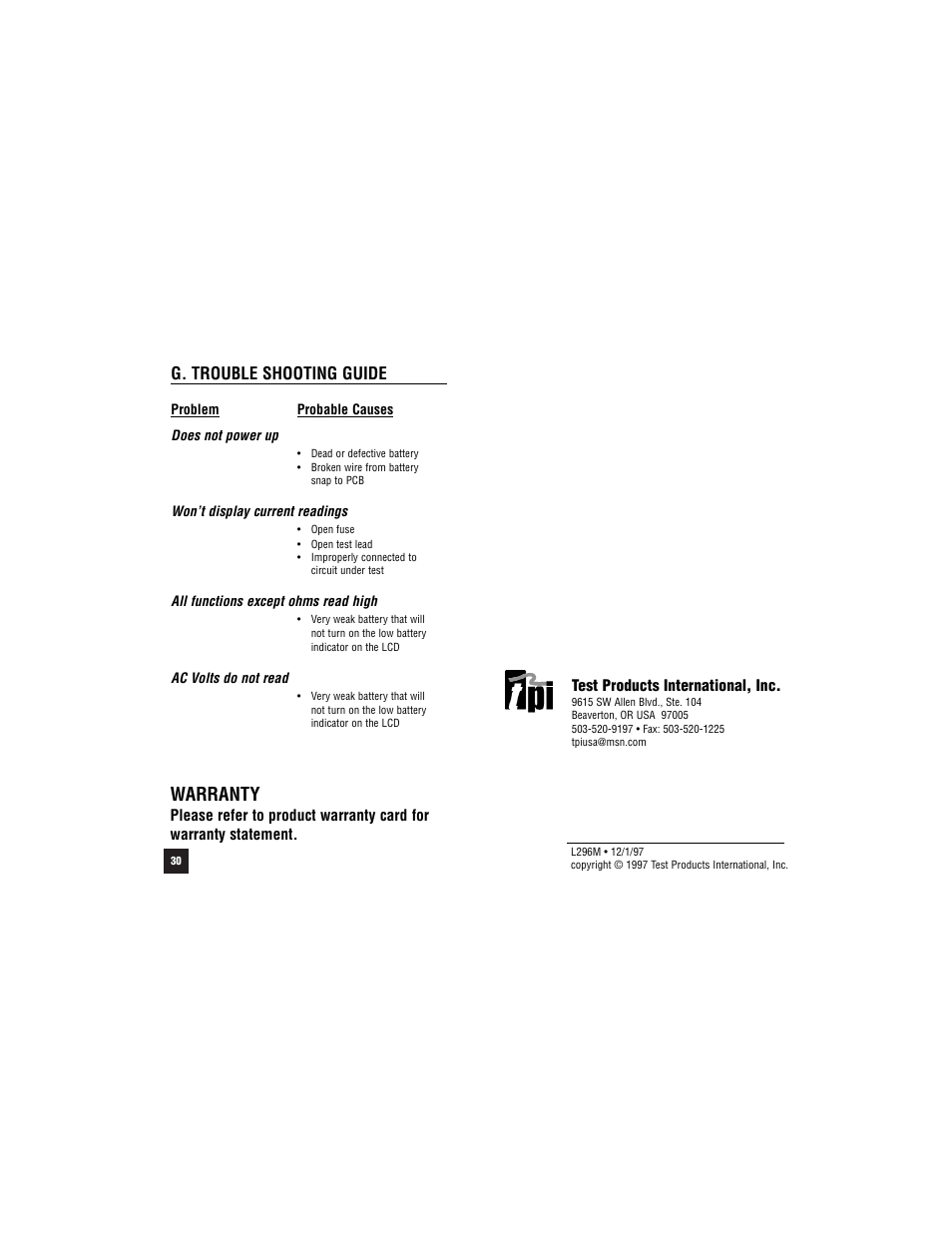 Warranty, G. trouble shooting guide | Test Products International 296 User Manual | Page 30 / 32