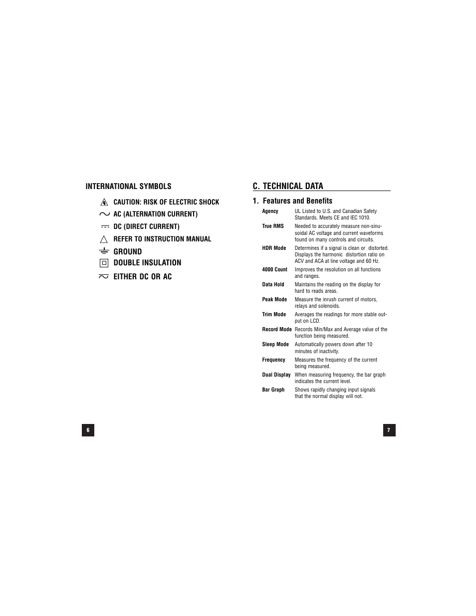 C. technical data, International symbols, Ground double insulation either dc or ac | Features and benefits | Test Products International 296 User Manual | Page 7 / 32