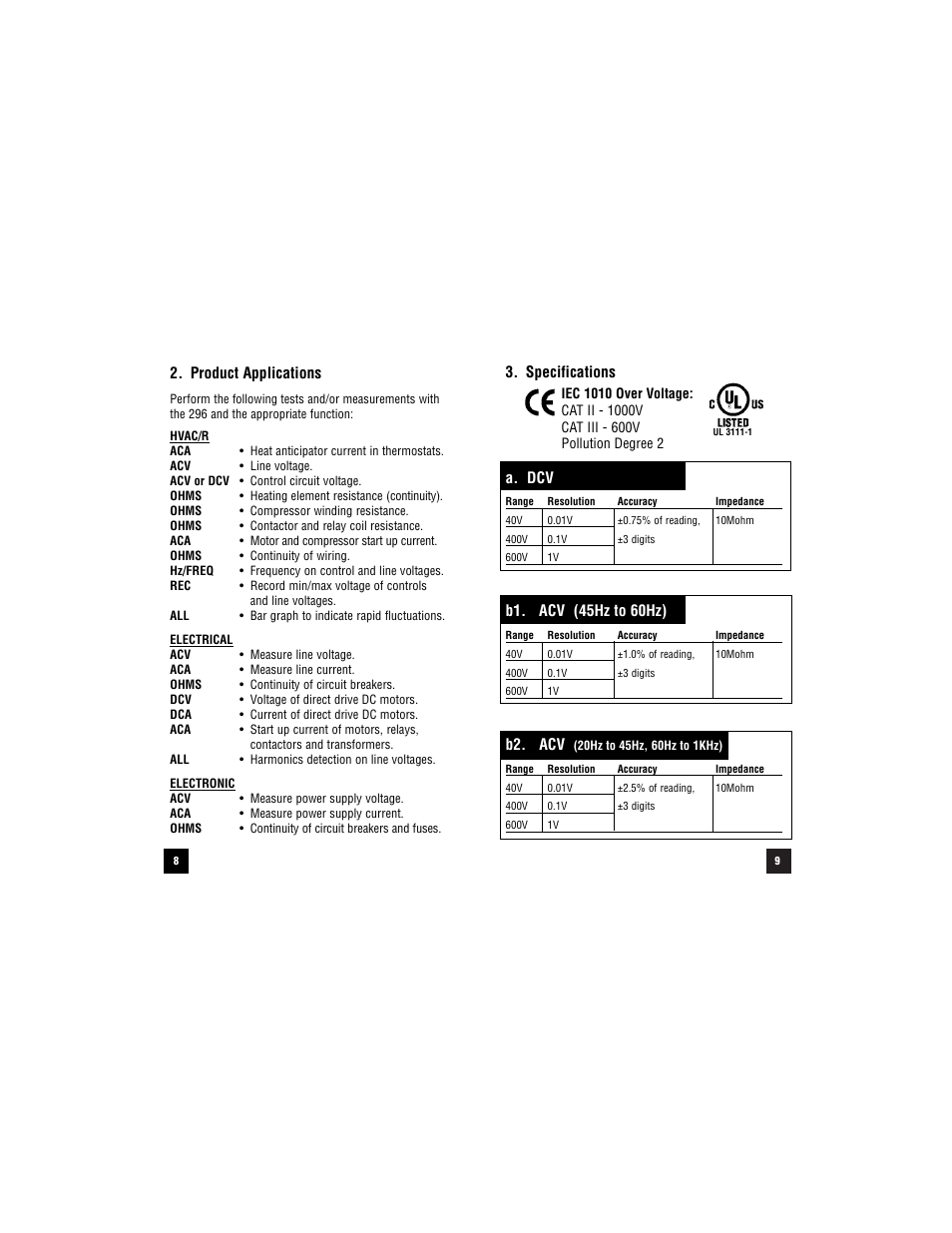 Specifications, A. dcv, B2. acv | Product applications | Test Products International 296 User Manual | Page 9 / 32