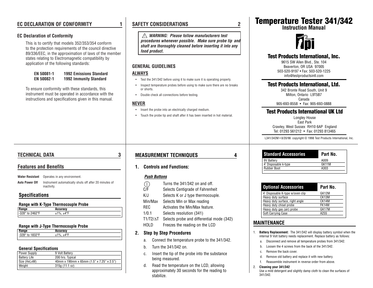 Test products international, ltd, Test products international uk ltd | Test Products International 341 User Manual | Page 3 / 6