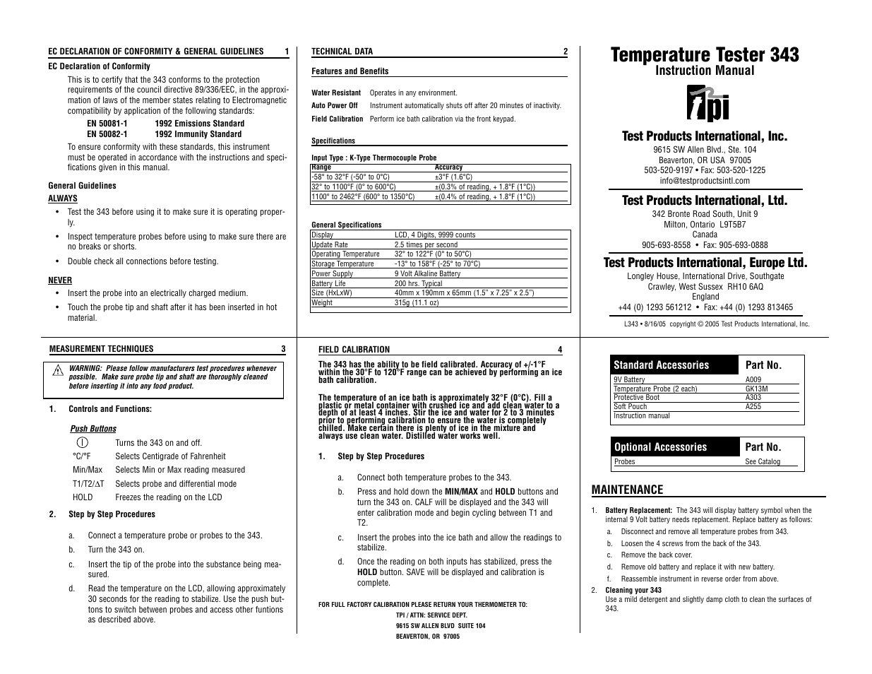Temperature tester 343, Test products international, ltd, Test products international, europe ltd | Test Products International 3433 User Manual | Page 5 / 6