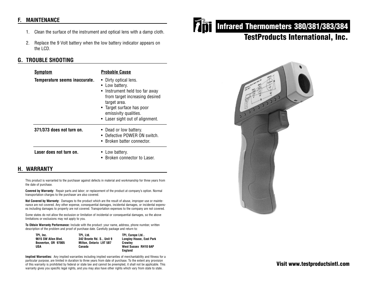 Test Products International 384 User Manual | 4 pages