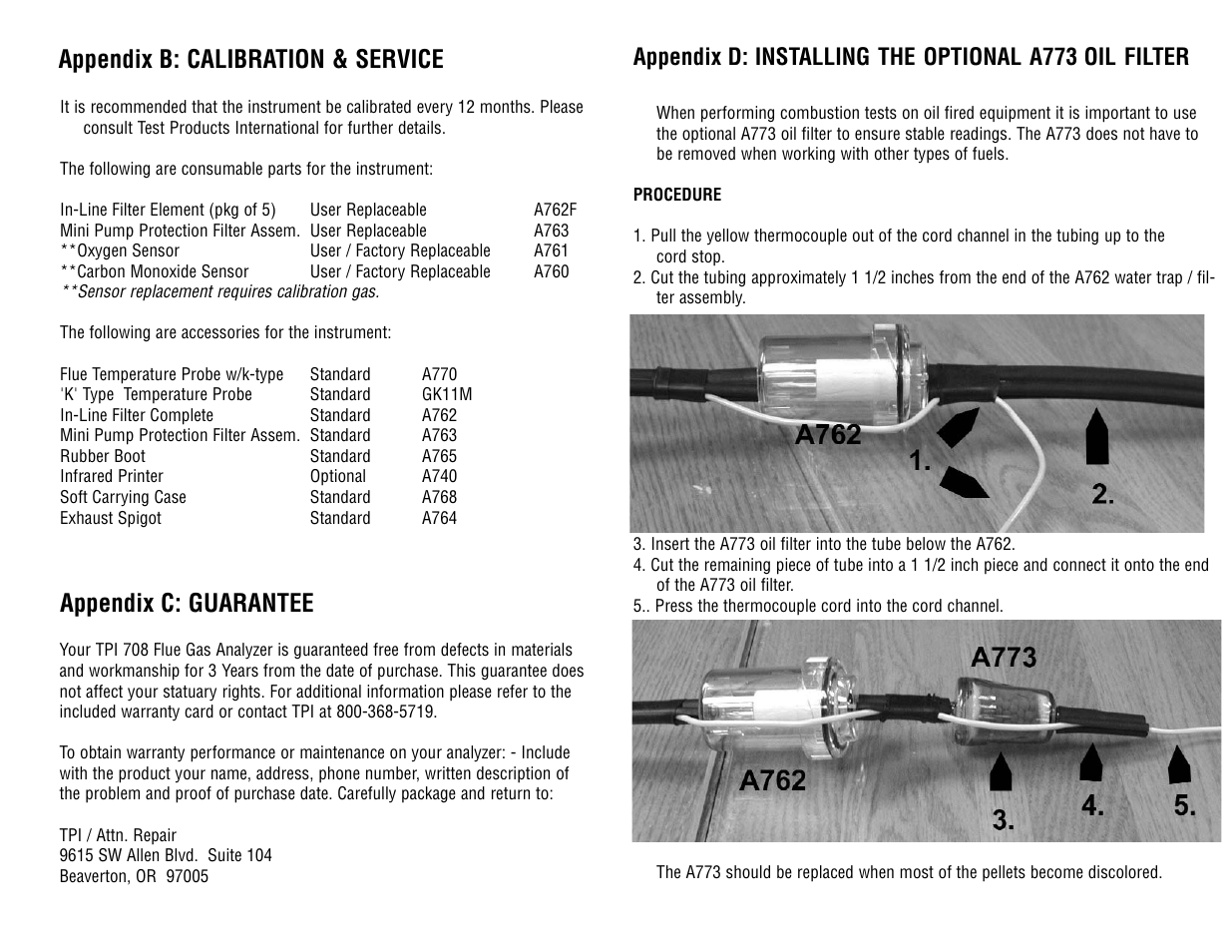 Appendix b: calibration & service, Appendix c: guarantee | Test Products International 708 User Manual | Page 26 / 36