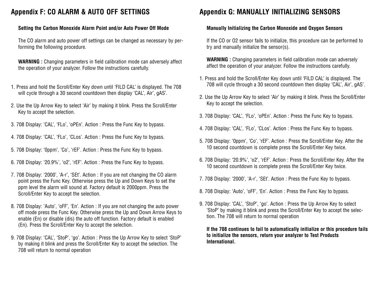 Appendix f: co alarm & auto off settings, Appendix g: manually initializing sensors | Test Products International 708 User Manual | Page 31 / 36