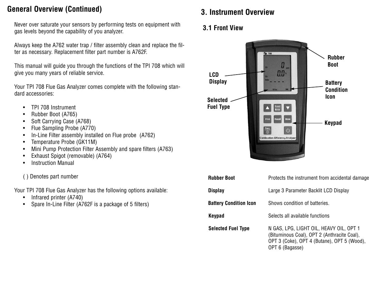 Instrument overview, General overview (continued) | Test Products International 708 User Manual | Page 5 / 36