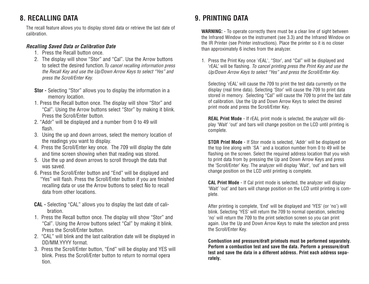 Printing data, Recalling data | Test Products International 709 User Manual | Page 24 / 38