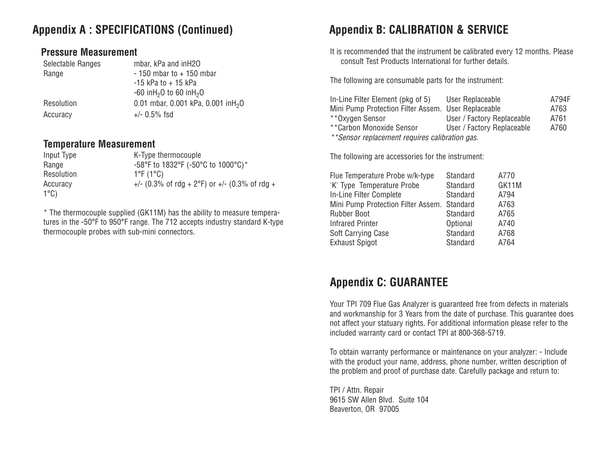 Appendix b: calibration & service, Appendix c: guarantee, Appendix a : specifications (continued) | Test Products International 709 User Manual | Page 27 / 38