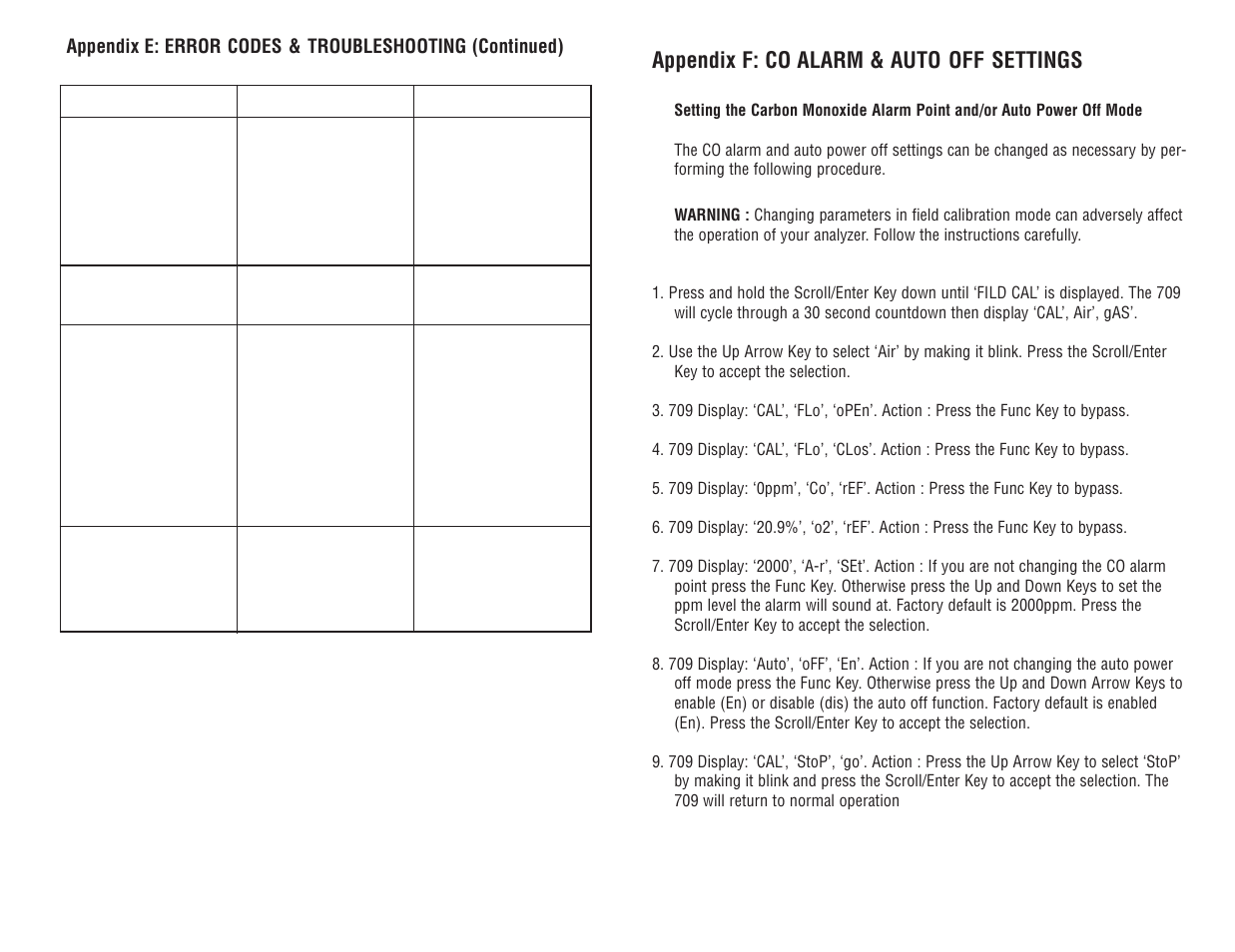Appendix f: co alarm & auto off settings | Test Products International 709 User Manual | Page 30 / 38