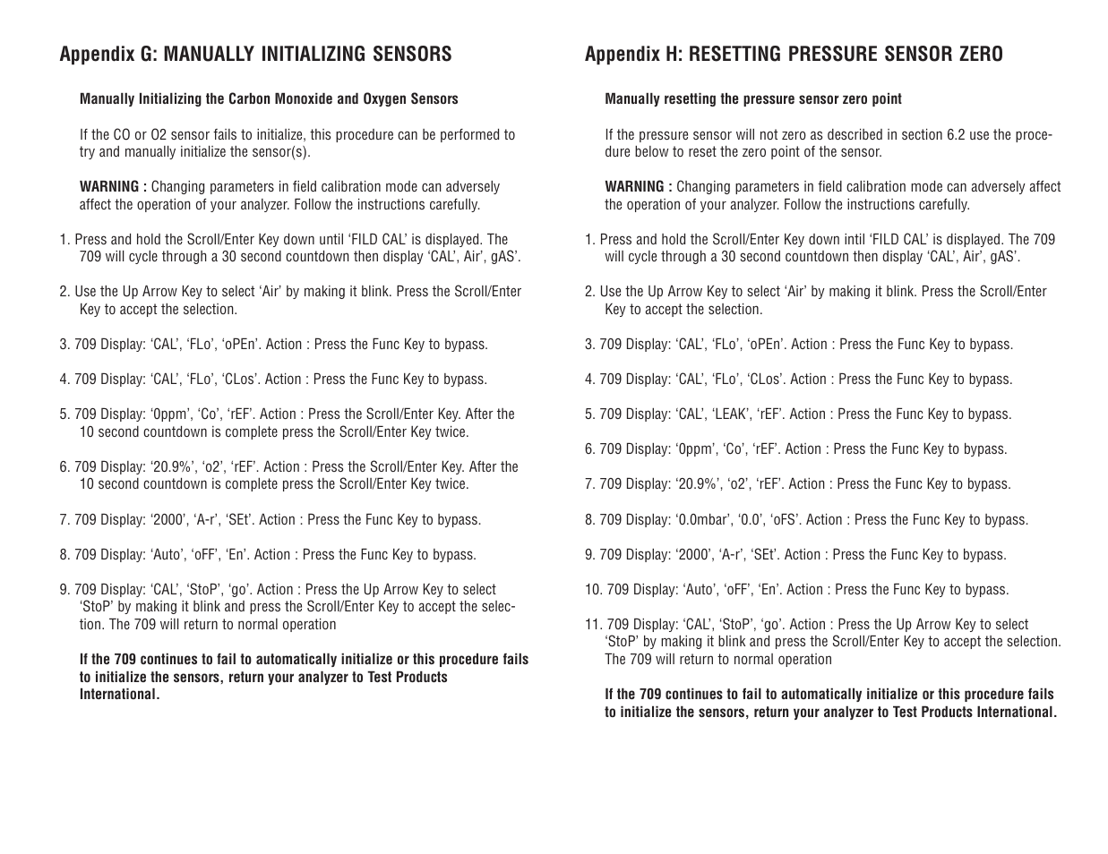 Appendix h: resetting pressure sensor zero, Appendix g: manually initializing sensors | Test Products International 709 User Manual | Page 32 / 38