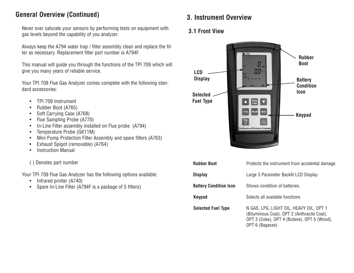 Instrument overview, General overview (continued) | Test Products International 709 User Manual | Page 4 / 38