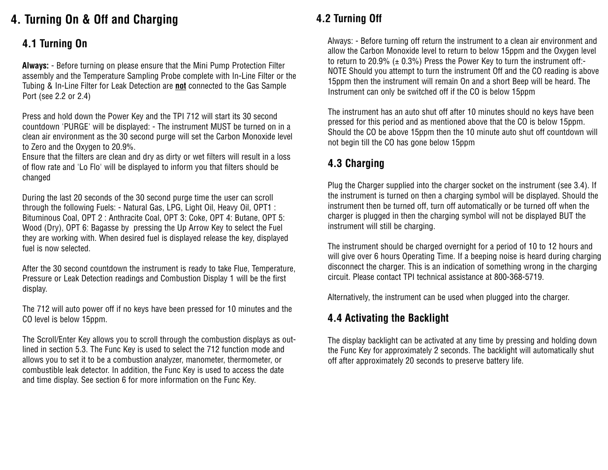 Turning on & off and charging | Test Products International 712 User Manual | Page 11 / 40