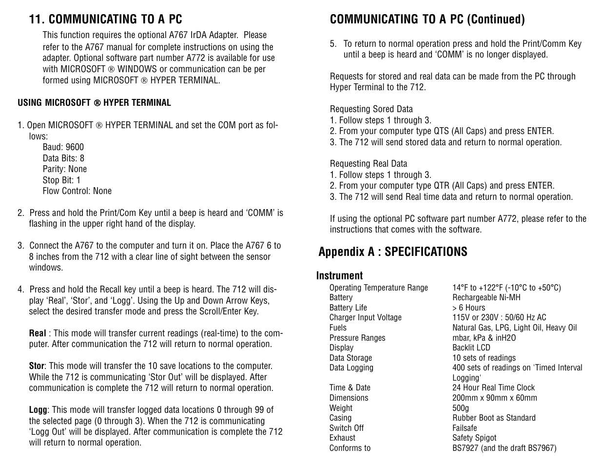 Communicating to a pc (continued), Appendix a : specifications, Communicating to a pc | Test Products International 712 User Manual | Page 28 / 40