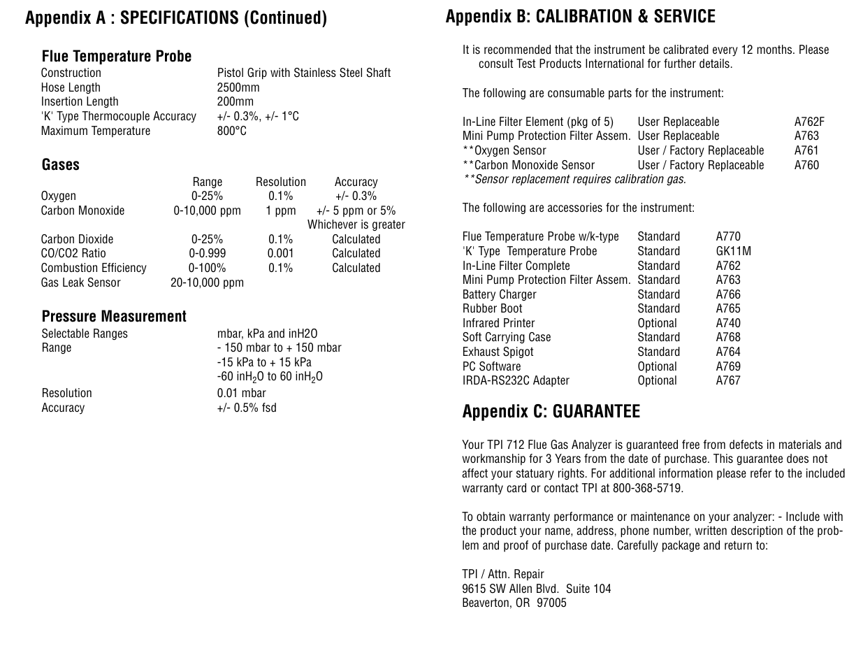 Appendix b: calibration & service, Appendix c: guarantee, Appendix a : specifications (continued) | Test Products International 712 User Manual | Page 30 / 40