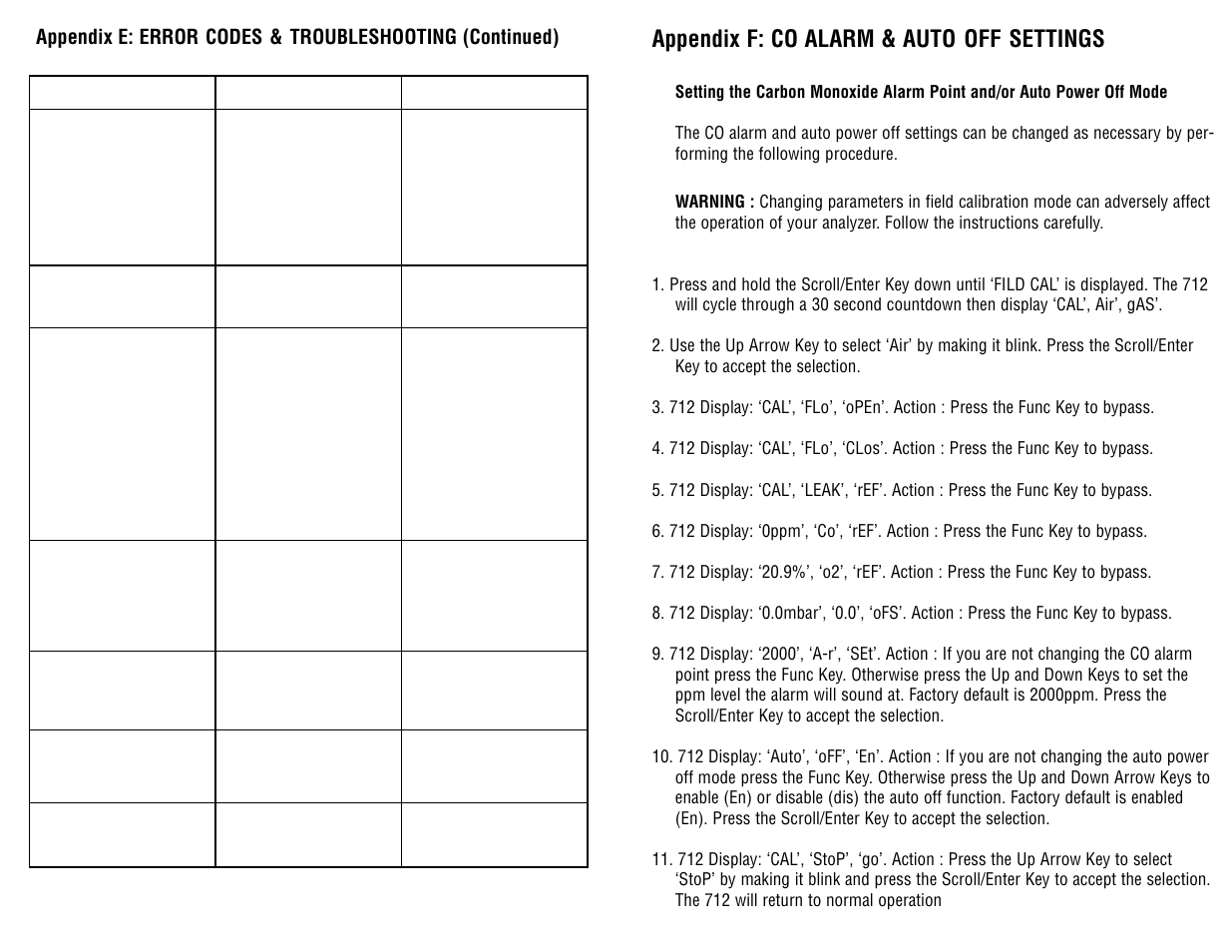 Appendix f: co alarm & auto off settings | Test Products International 712 User Manual | Page 34 / 40