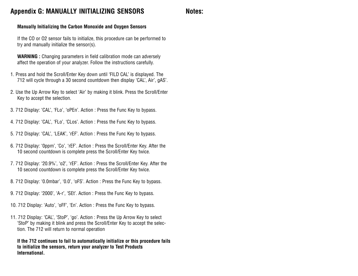 Appendix g: manually initializing sensors | Test Products International 712 User Manual | Page 38 / 40