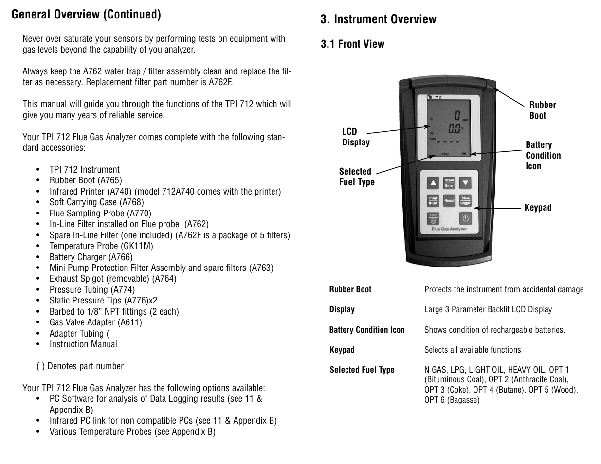 Instrument overview, General overview (continued) | Test Products International 712 User Manual | Page 4 / 40