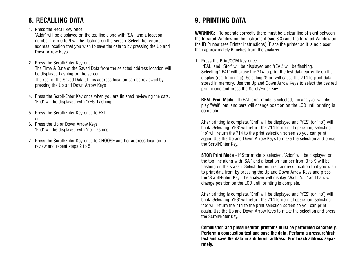Printing data, Recalling data | Test Products International 714 User Manual | Page 24 / 40