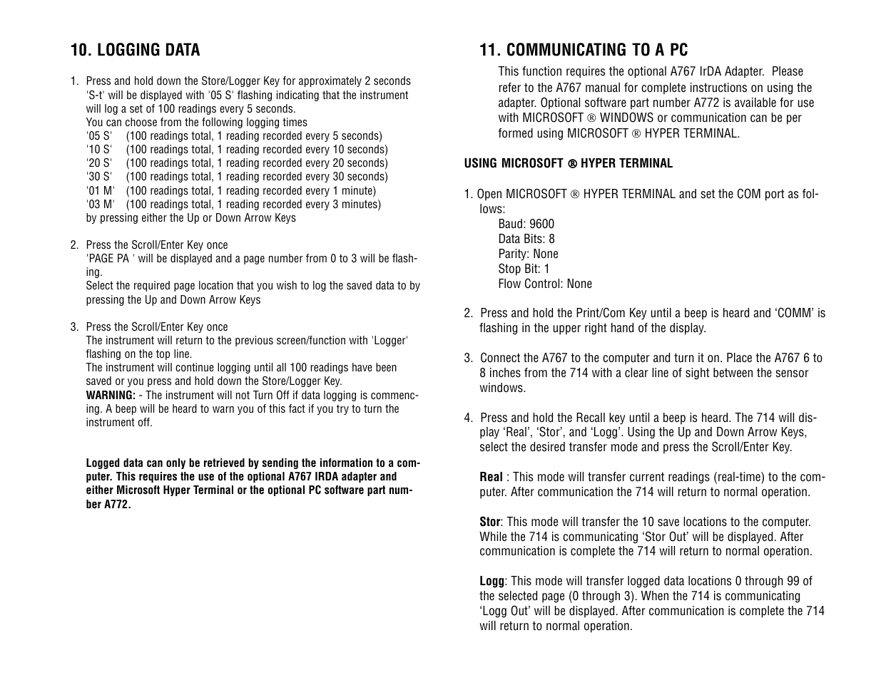Communicating to a pc, Logging data | Test Products International 714 User Manual | Page 26 / 40