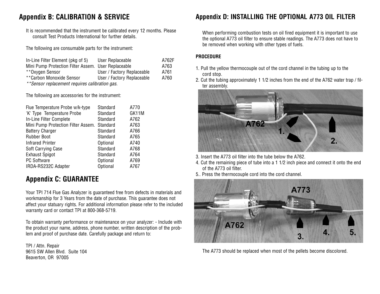 Appendix b: calibration & service, Appendix c: guarantee | Test Products International 714 User Manual | Page 31 / 40
