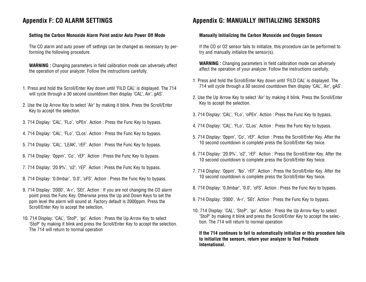 Appendix g: manually initializing sensors, Appendix f: co alarm settings | Test Products International 714 User Manual | Page 35 / 40