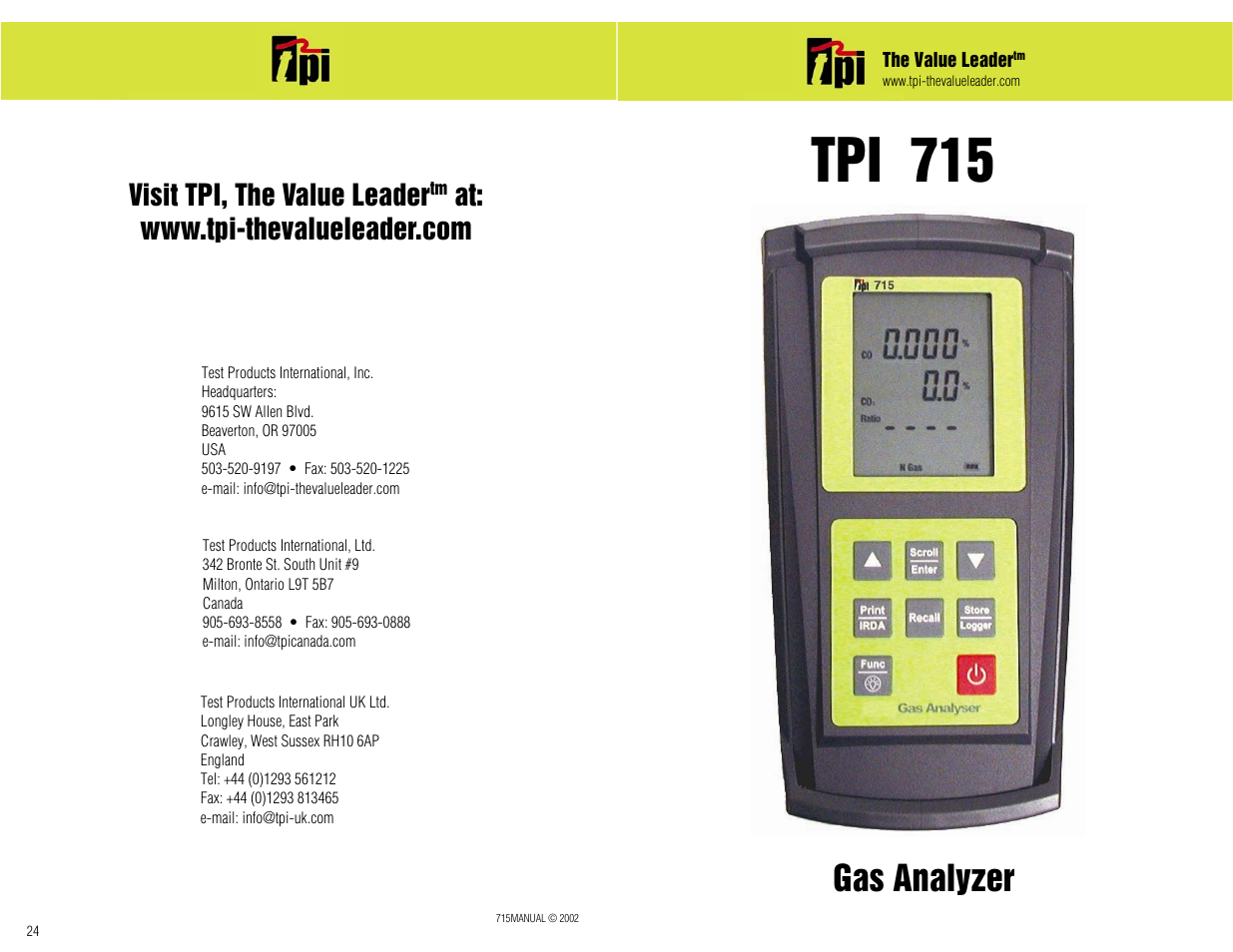 Tpi 715, Gas analyzer, Visit tpi, the value leader | Test Products International 715 User Manual | Page 24 / 24